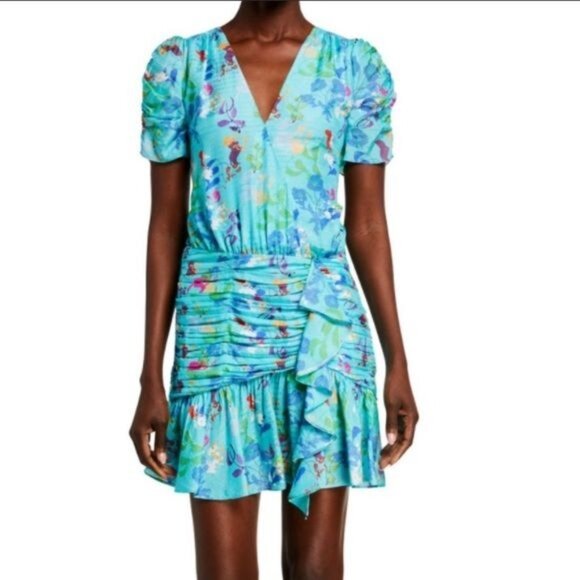 NWT Tanya Taylor Zora Ruched Mini Dress Size 2 Turquoise V-neck Casual Silk - Picture 2 of 7